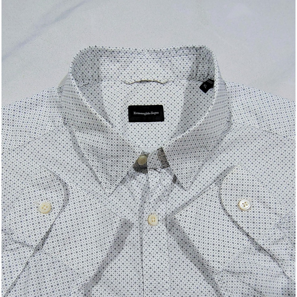 Ermenegildo Zegna Shirt Button Down Men's XL White Blue Print Cotton Casual